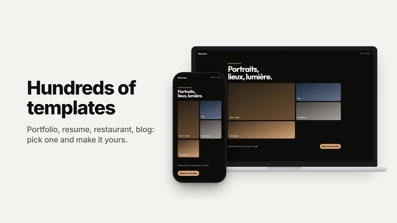 Hundreds of templates — portfolio, resume, restaurant, blog