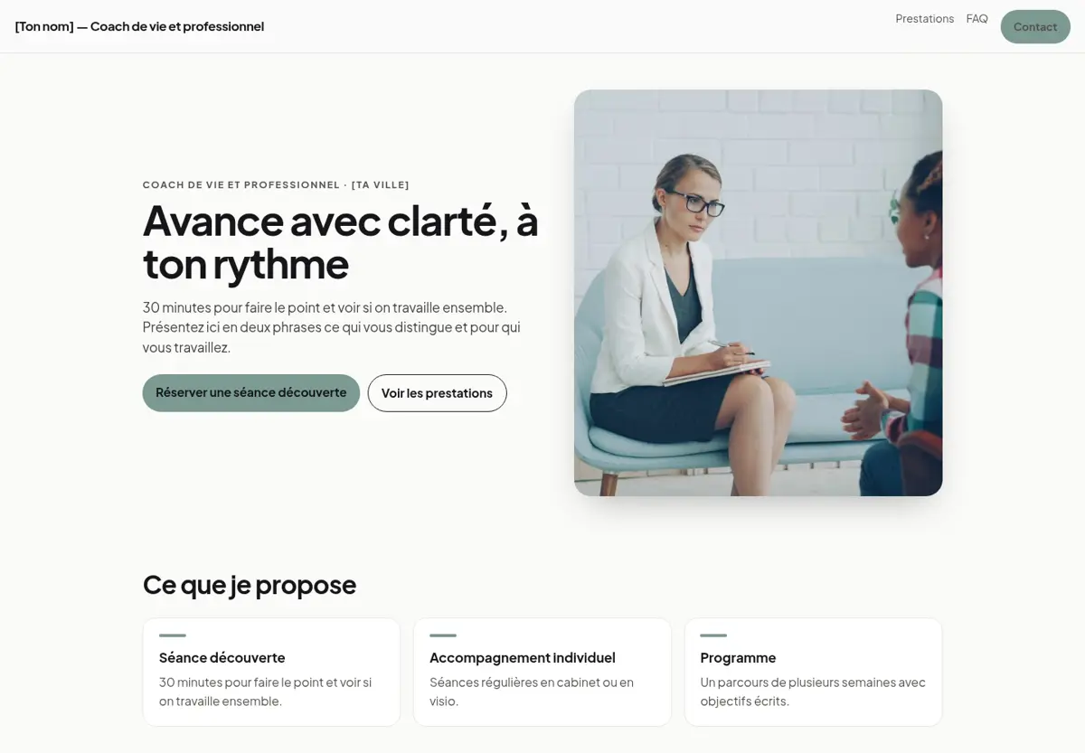 Aperçu du modèle de site pour coach