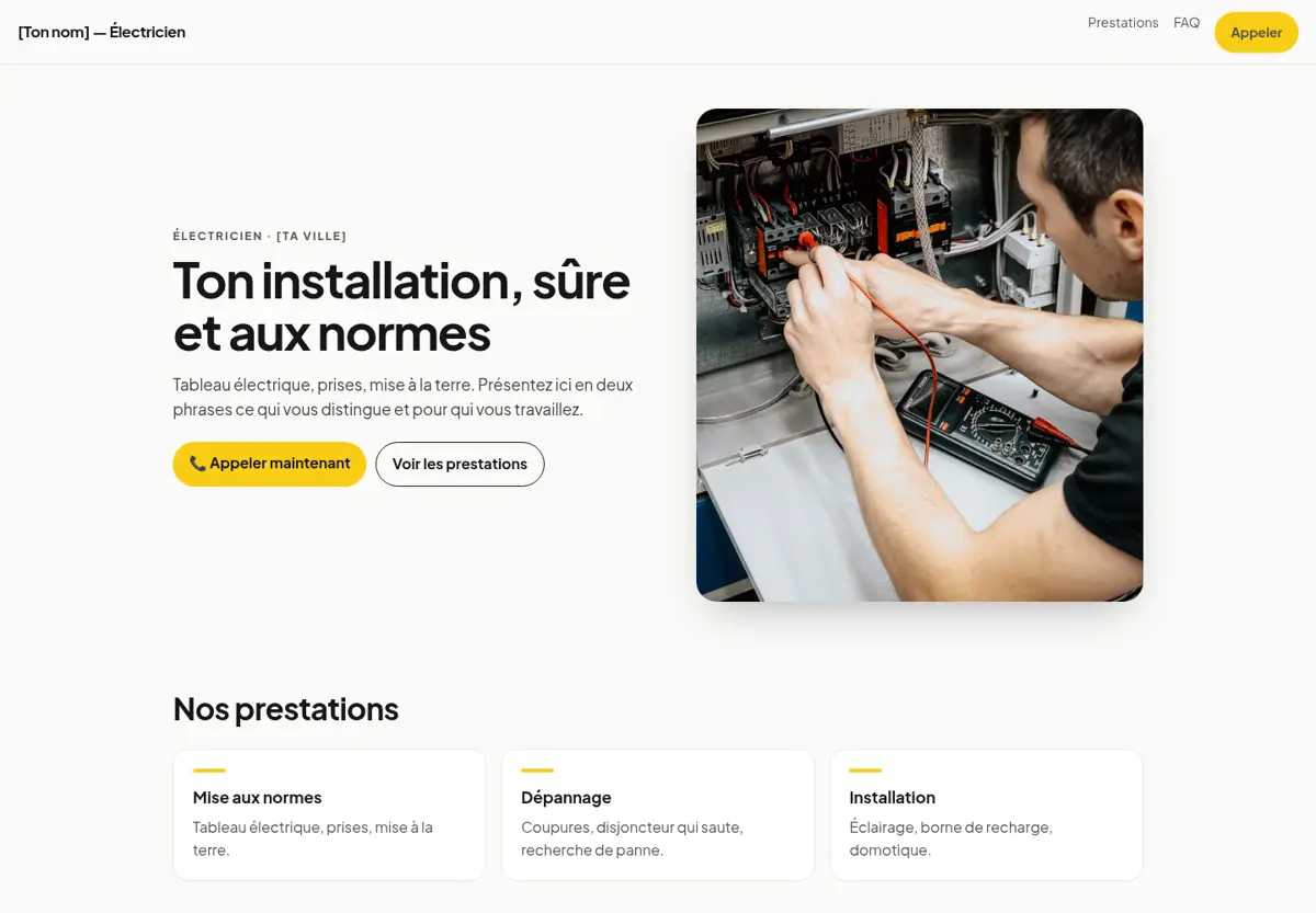 Aperçu du modèle de site pour électricien