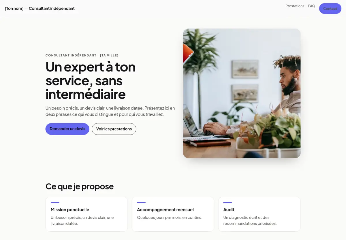 Aperçu du modèle de site pour indépendant