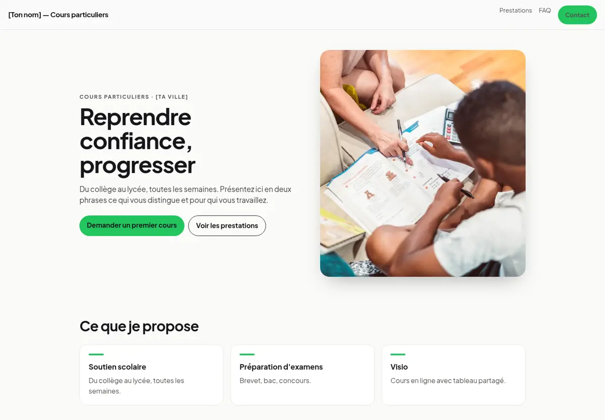 Aperçu du modèle de site pour prof particulier