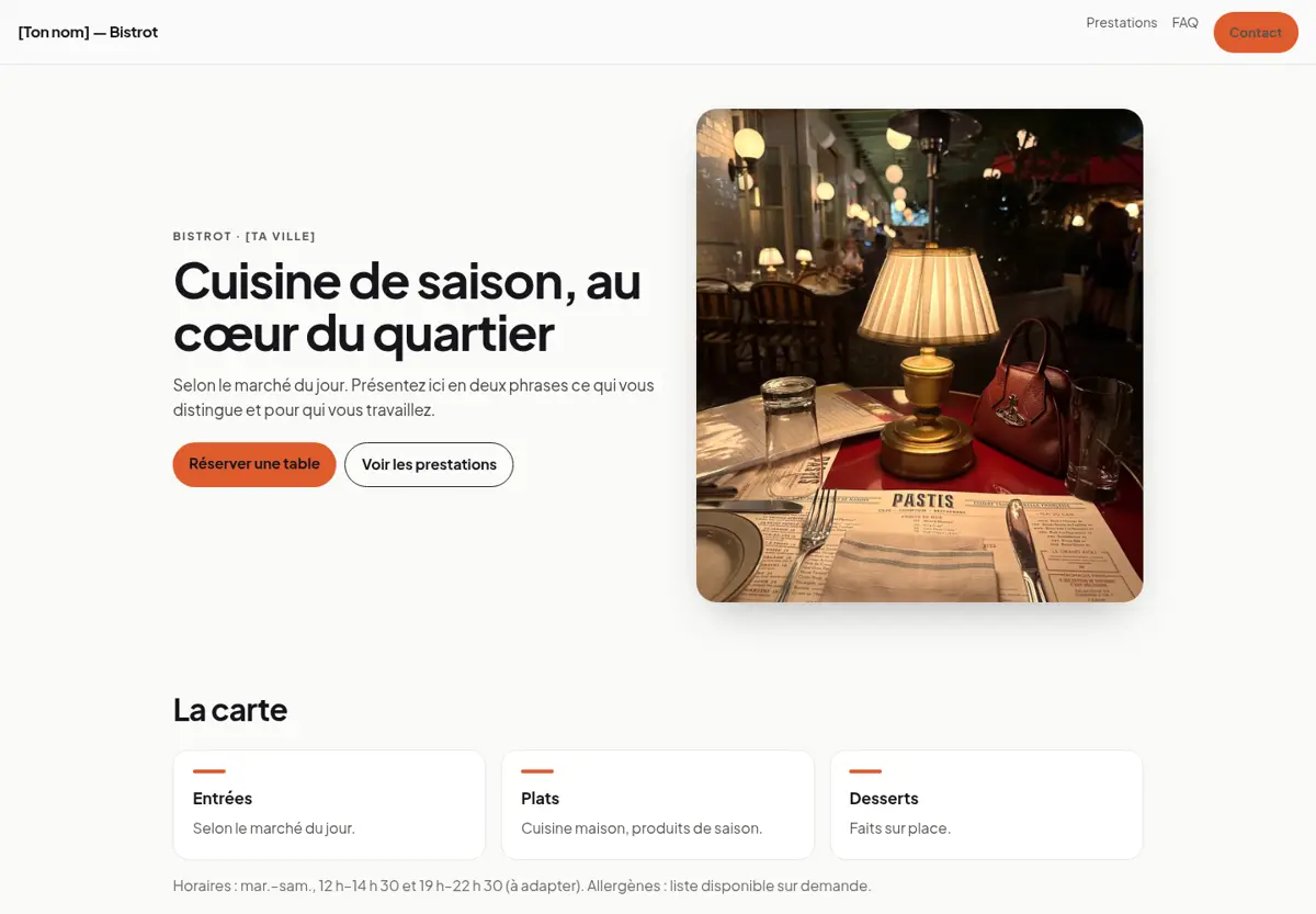 Aperçu du modèle de site pour restaurant